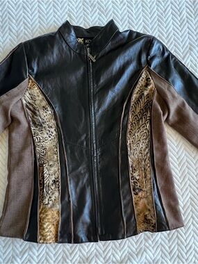 Koos of Course! Women's Leather Jacket Black/Brown Animal Print Lined Zip M